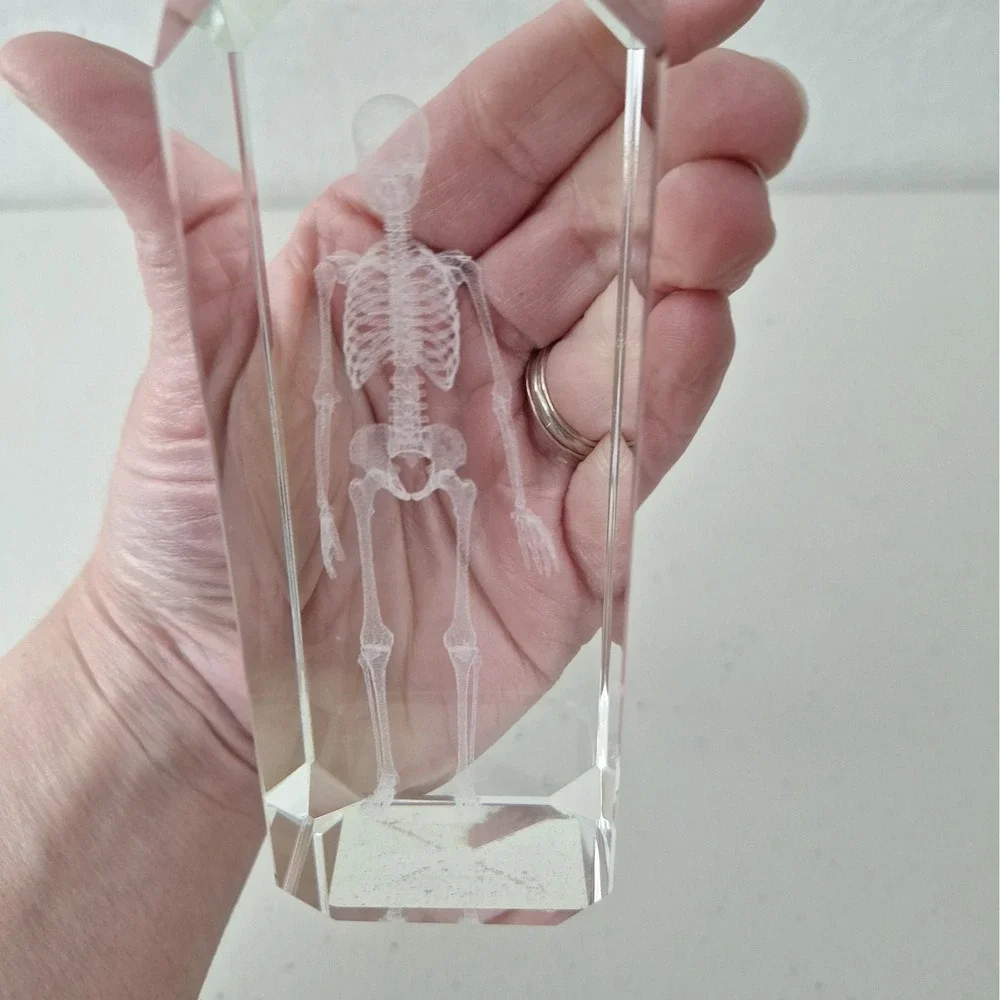 Crystal Paperweight Holographic Skeleton 3D Laser Etched Halloween Vintage 4.75